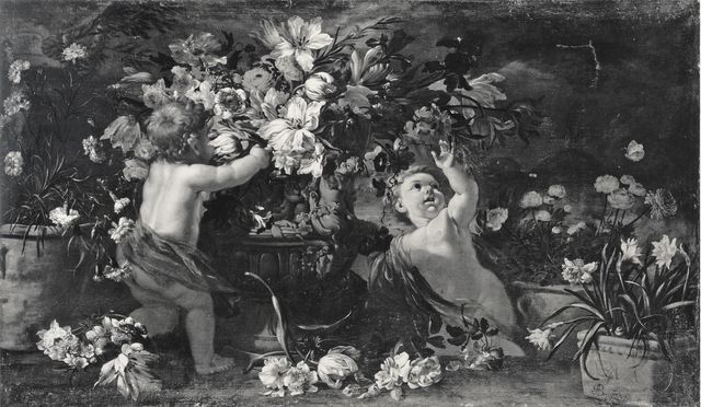 Studio Fotografico Perotti — Brueghel Abraham; Courtois Guillaume - sec. XVII - Natura morta con vasi di fiori e putti — insieme
